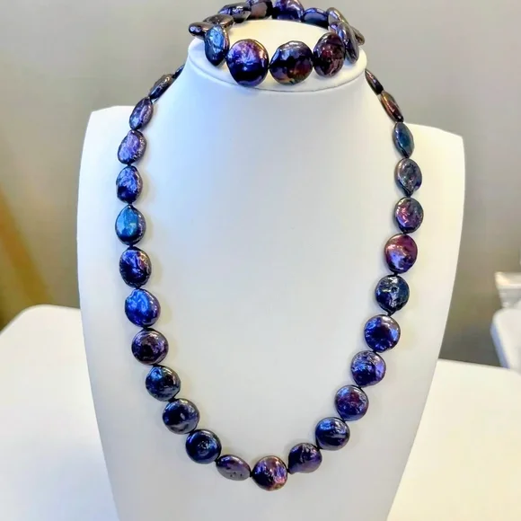 NWOT Genuine Peacock Coin Pearl Beaded Necklace and Bracelet Set - Picture 1 of 2